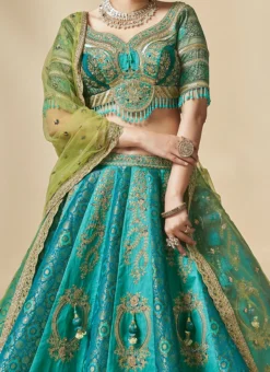 Turquoise Pure Silk Hand Work Umbrella Lehenga Wedding Wear
