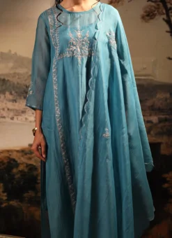 Turquoise Blue Chanderi Silk Embroidered Dupatta Party Wear