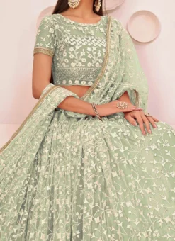 Turquoise Green Net Embroidery A Line Lehenga Party Wear