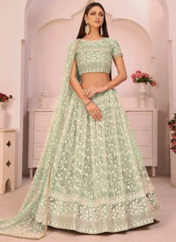 Turquoise Green Net Embroidery A Line Lehenga Party Wear -Mahra Clothing Shop turquoise green net embroidery a line lehenga ghskl2103a u