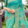 Turquoise Silk Paint Print Work Saree Festive Wear