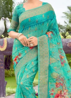 Turquoise Silk Paint Print Work Saree Festive Wear