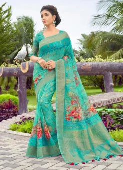 Turquoise Silk Paint Print Work Saree Festive Wear -Mahra Clothing Shop turquoise silk paint print work saree samkns10232451 u