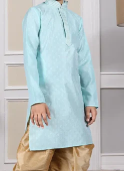 Turquoise Silk Printed Kurta Pyjama Party Wear
