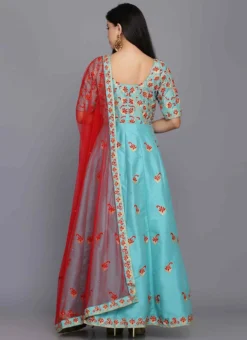 Turquoise Taffeta Silk Aari Thread Work Anarkali Suit Party Wear -Mahra Clothing Shop turquoise taffeta silk aari thread work anarkali suit slkifh990064 b
