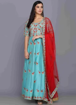 Turquoise Taffeta Silk Aari Thread Work Anarkali Suit Party Wear -Mahra Clothing Shop turquoise taffeta silk aari thread work anarkali suit slkifh990064 u