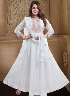 White Chanderi Silk Booti Zari Work Anarkali Suit Party Wear -Mahra Clothing Shop white chanderi silk booti zari work anarkali suit slmnfg545 u