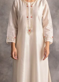 White Chanderi Silk Embroidered Straight Pant Suit Party Wear