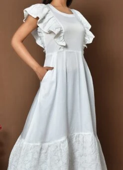 White Cotton Digital Print A Line Dress Work Wear