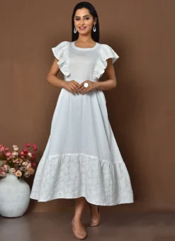 White Cotton Digital Print A Line Dress Work Wear -Mahra Clothing Shop white cotton digital print a line dress drsoas1573 u