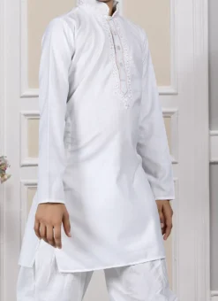 White Cotton Embroidery Kurta Pyjama Party Wear