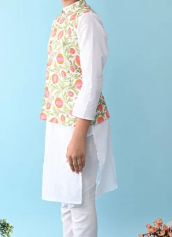 White Cotton Printed Kurta Pyjama Leisure Wear