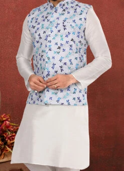 White Cotton Printed Nehru Jacket