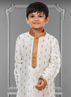 White Dhupion Silk Foil Printed Boys Kurta Pyjama Party Wear -Mahra Clothing Shop white dhupion silk foil printed boys kurta pyjama kdbkvs680 b