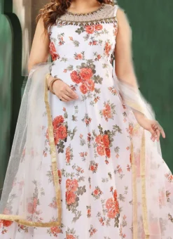 White Faux Georgette Embroidered Gown Party Wear