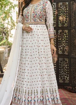 White Georgette Zari Embroidered Anarkali Suit Party Wear