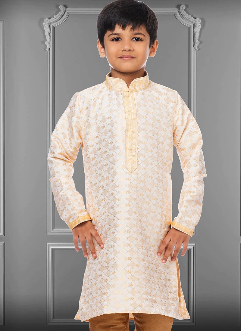 White Jacquard Silk Boys Kurta Pyjama Party Wear 3 White Jacquard Silk Boys Kurta Pyjama Party Wear - Image 3