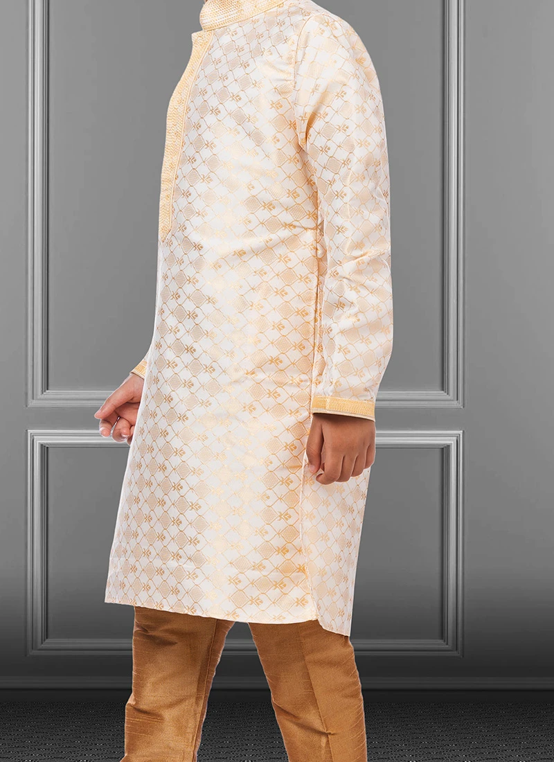 White Jacquard Silk Boys Kurta Pyjama Party Wear 1 White Jacquard Silk Boys Kurta Pyjama Party Wear