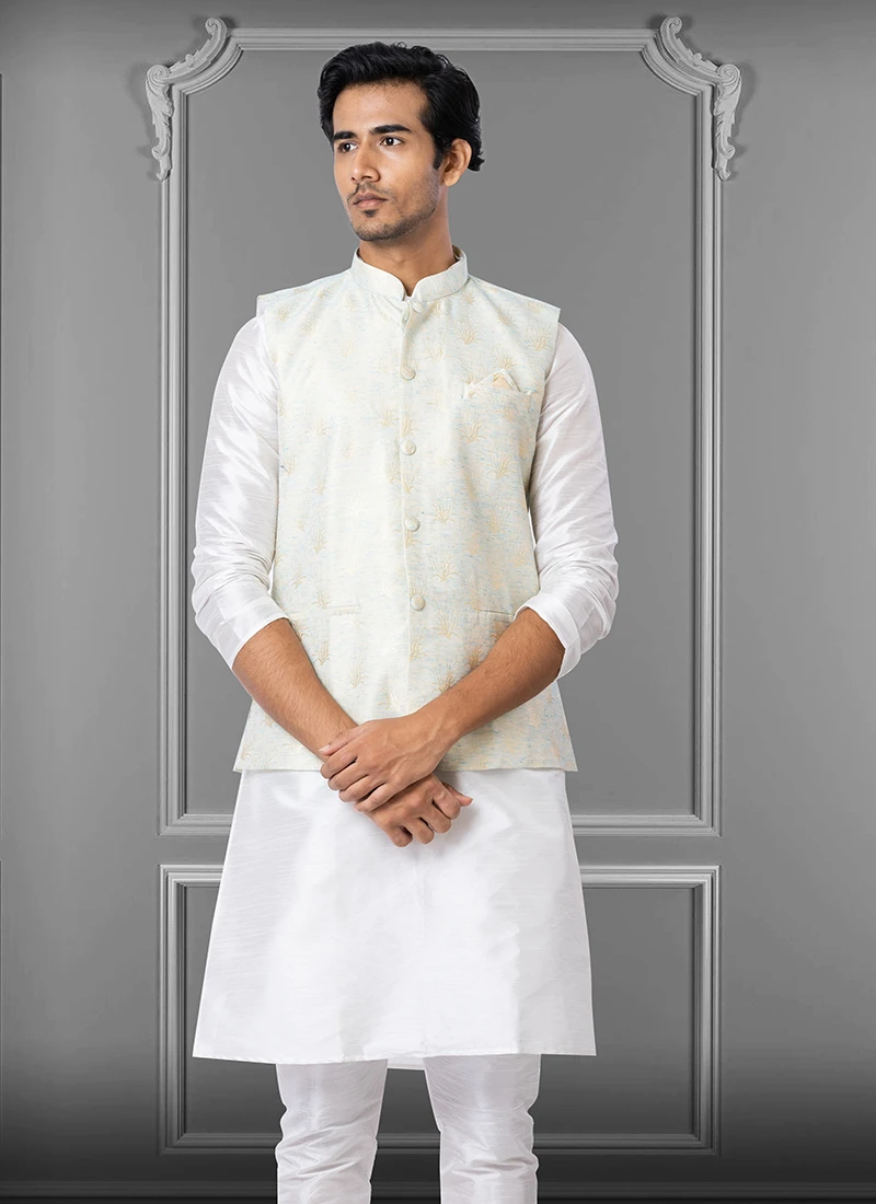 White Linen Silk Nehru Jacket 2 White Linen Silk Nehru Jacket - Image 2