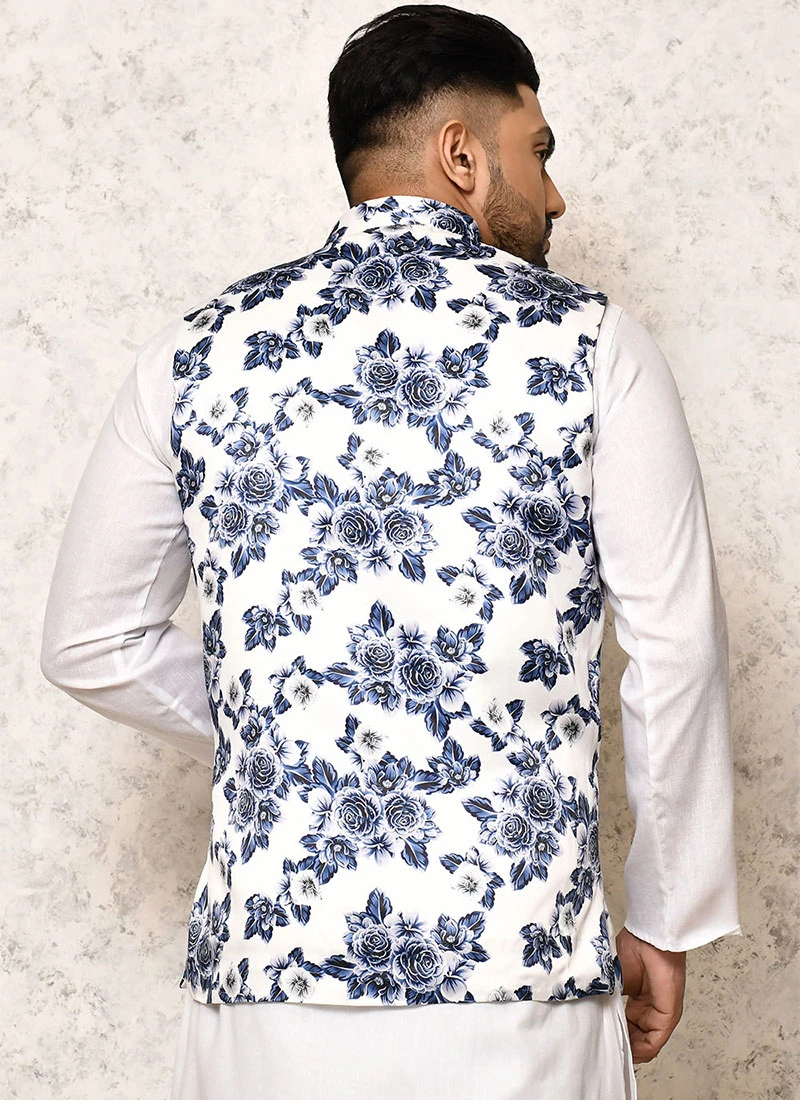 White N Blue Art Silk Printed Nehru Jacket 3 White N Blue Art Silk Printed Nehru Jacket - Image 3