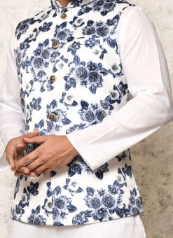White N Blue Art Silk Printed Nehru Jacket