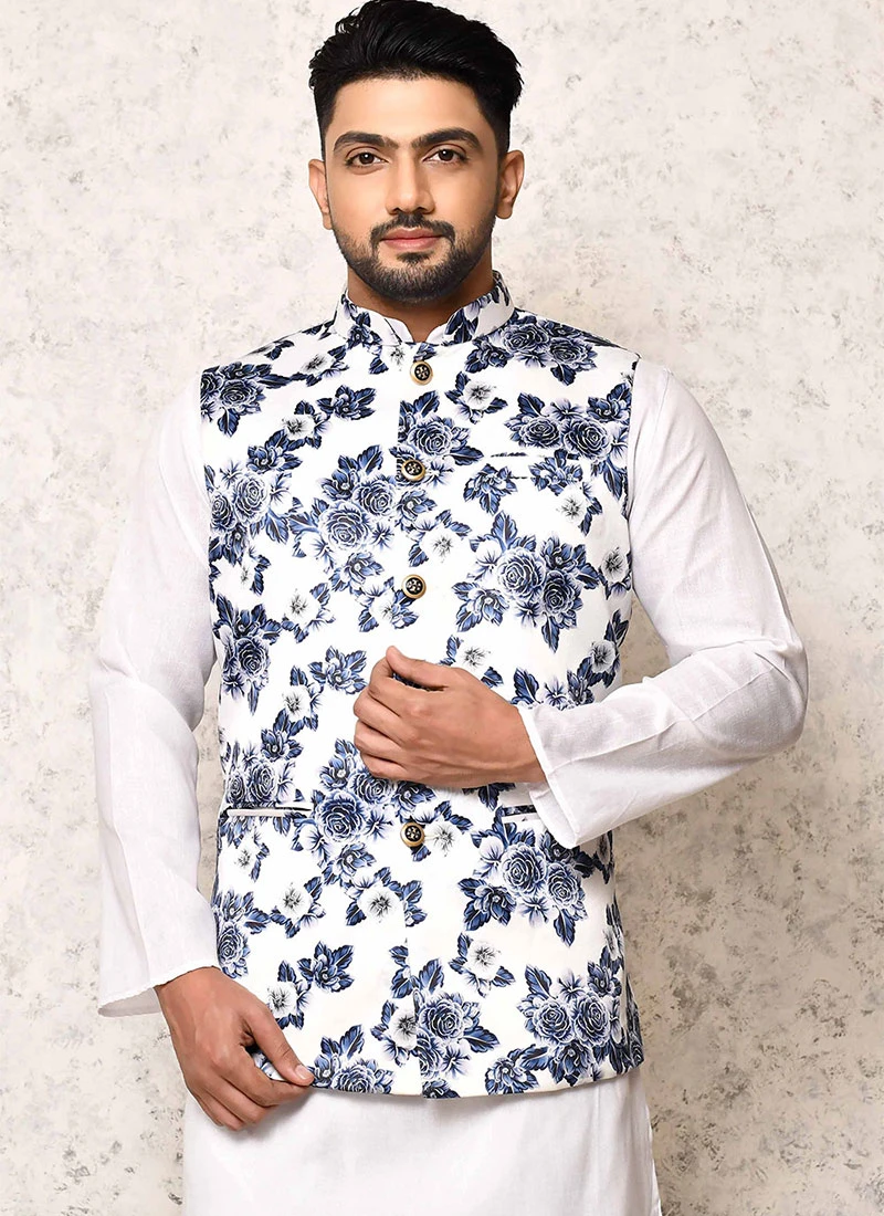 White N Blue Art Silk Printed Nehru Jacket 2 White N Blue Art Silk Printed Nehru Jacket - Image 2
