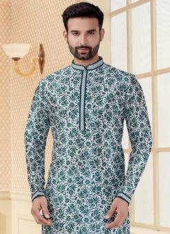 White N Green Silk Digital Printed Kurta Pyjama Party Wear -Mahra Clothing Shop white n green silk digital printed kurta pyjama kpssgr2006 b