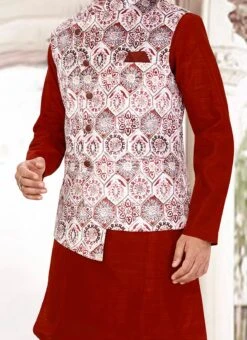 White N Maroon Velvet Bandhgala Jacket