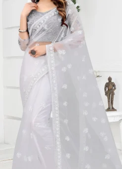 White Net Embroidered Saree After Six Wear