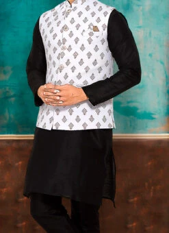 White Terry Rayon Printed Nehru Jacket