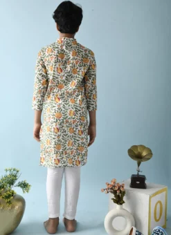 White With Green Floral Printed Cotton Kurta Pyjama Leisure Wear -Mahra Clothing Shop white with green floral printed cotton kurta pyjama kdbntcs129 b