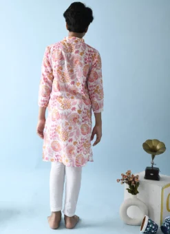 White With Pink Floral Printed Cotton Kurta Pyjama For Boys Leisure Wear -Mahra Clothing Shop white with pink floral printed cotton kurta pyjama for boys kdbntcs128 b