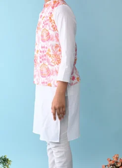 White With Pink Floral Printed Cotton Kurta Pyjama Leisure Wear
