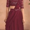 Wine Chinon Silk Embroidered Ready Pleated Saree Party Wear