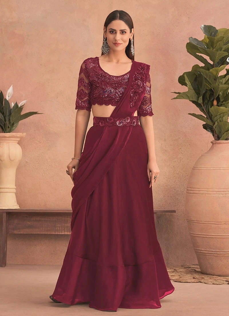 Wine Chinon Silk Embroidered Ready Pleated Saree Party Wear 3 Wine Chinon Silk Embroidered Ready Pleated Saree Party Wear - Image 3
