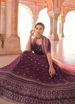 Wine Crepe Embroidered N Stones Umbrella Lehenga Wedding Wear -Mahra Clothing Shop wine crepe embroidered n stones umbrella lehenga ghsak42918905 b