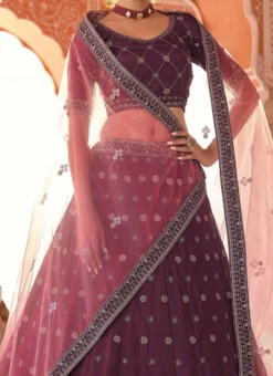 Wine Crepe Embroidered N Stones Umbrella Lehenga Wedding Wear