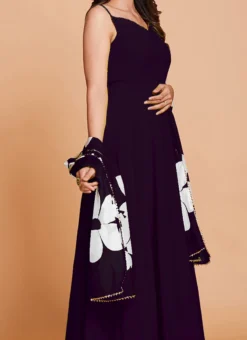 Wine Faux Georgette Digital Print Duppata Gown After Six Wear