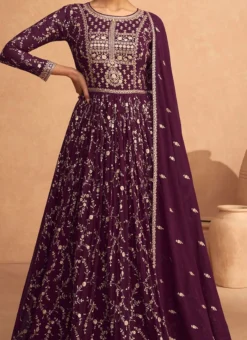 Wine Georgette Embroidered Anarkali Suit Festive Wear