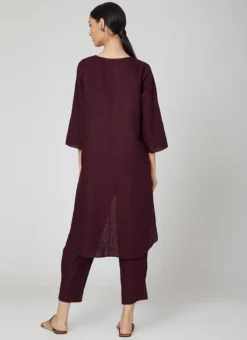 Wine Linen Kurta Straight Pant Set Work Wear -Mahra Clothing Shop wine linen kurta straight pant set krsdvcsvts19 b