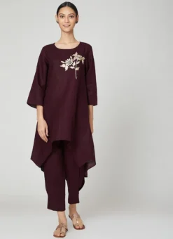 Wine Linen Kurta Straight Pant Set Work Wear -Mahra Clothing Shop wine linen kurta straight pant set krsdvcsvts19 u