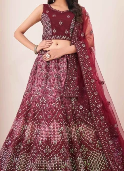 Wine Net Embroidered Umbrella Lehenga Choli Party Wear