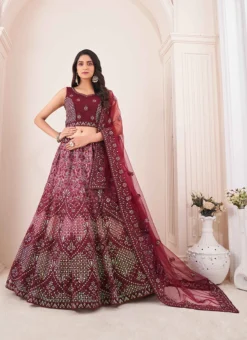 Wine Net Embroidered Umbrella Lehenga Choli Party Wear -Mahra Clothing Shop wine net embroidered umbrella lehenga choli ghska461873004 u
