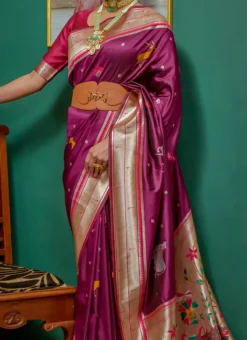 Wine Paithani Silk Zari Saree Festive Wear