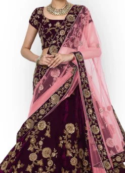 Wine Silk Velvet Embroidered A Line Lehenga Party Wear