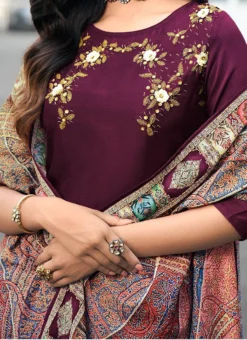 Wine Viscose Masleen Embroidered N Sequins Anarkali Suit Party Wear