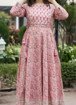 Women Pink Floral Printed Anarkali Top N Straight Pant Work Wear