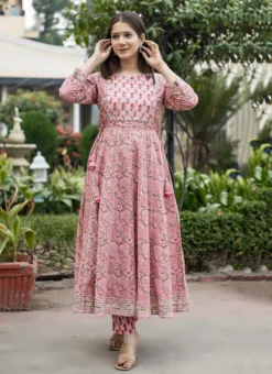 Women Pink Floral Printed Anarkali Top N Straight Pant Work Wear -Mahra Clothing Shop women pink floral printed anarkali top n straight pant krsjsc348pi u