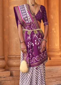 Woven Print Work Silk Purple Color Saree Festive Wear