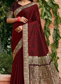 Woven Work Dark Maroon Color Satin Silk Saree Festive Wear